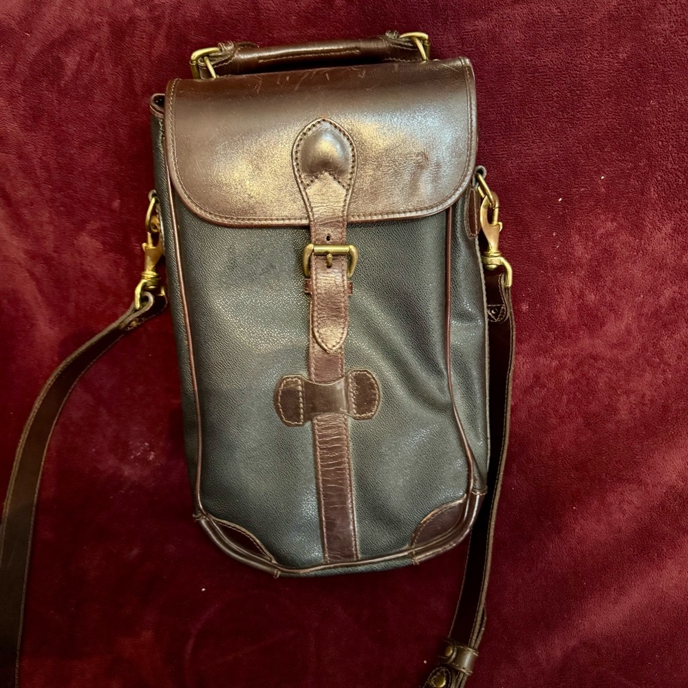 Mulholland Brothers Brown and Black Leather Wine Bag with Brass Buckle